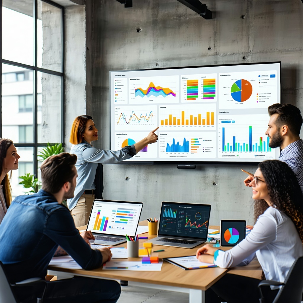 The image features a modern office space with a large screen displaying a vibrant Power BI dashboard The dashboard is filled with colorful graphs charts and key performance indicators KPIs that showcase data trends and insights In the foreground a di